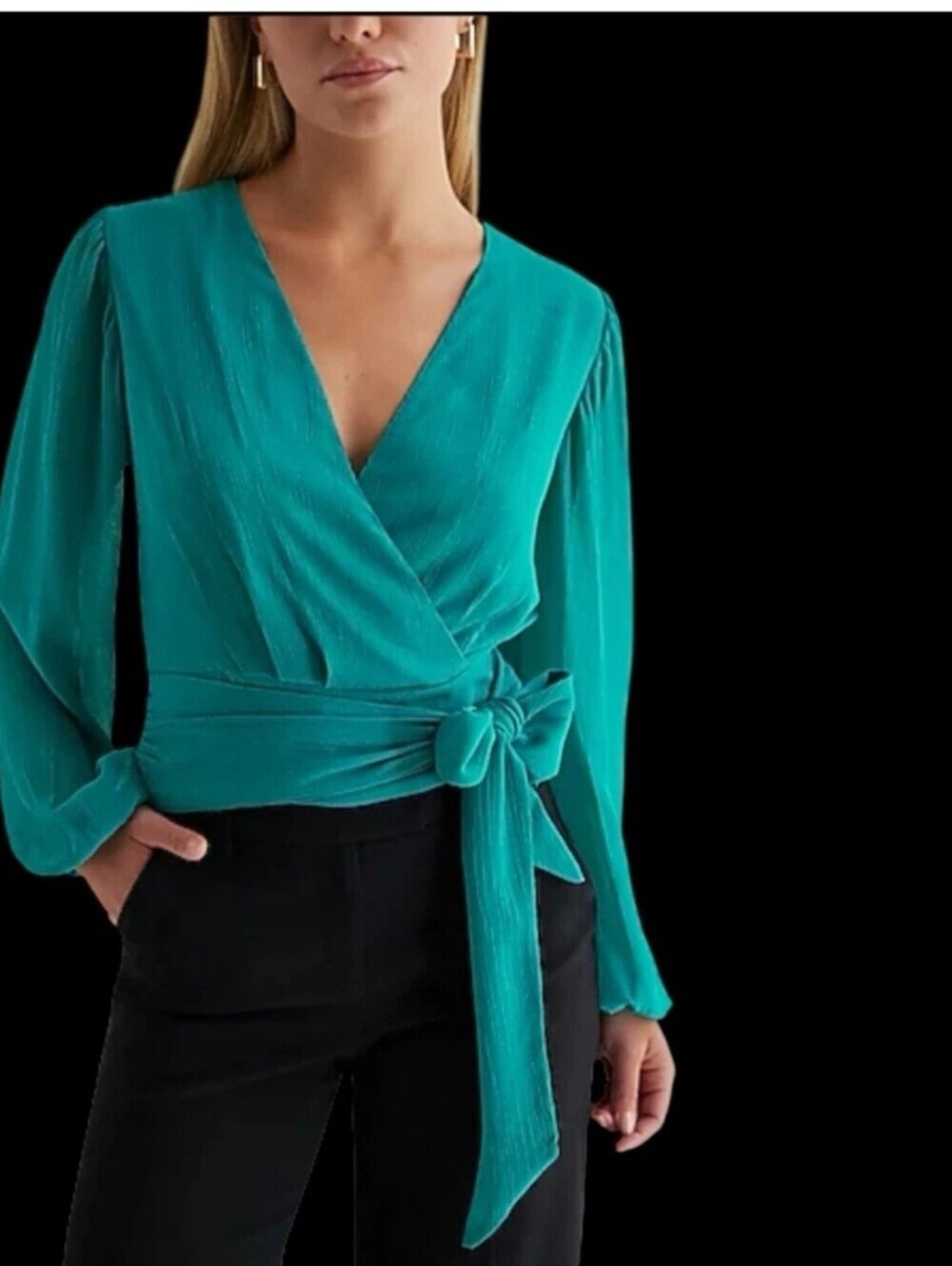 Express Teal Tie-Front Wrap Blouse - Women